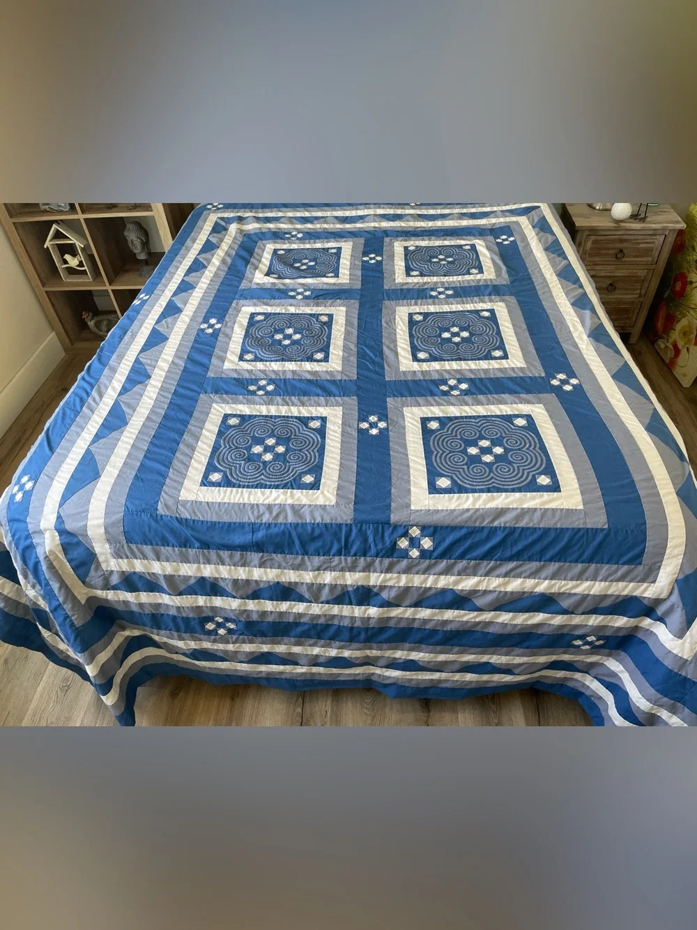 Vintage Hmong Paj Ntaub Applique Bedspread Blue White Spiral Textile 89x105”